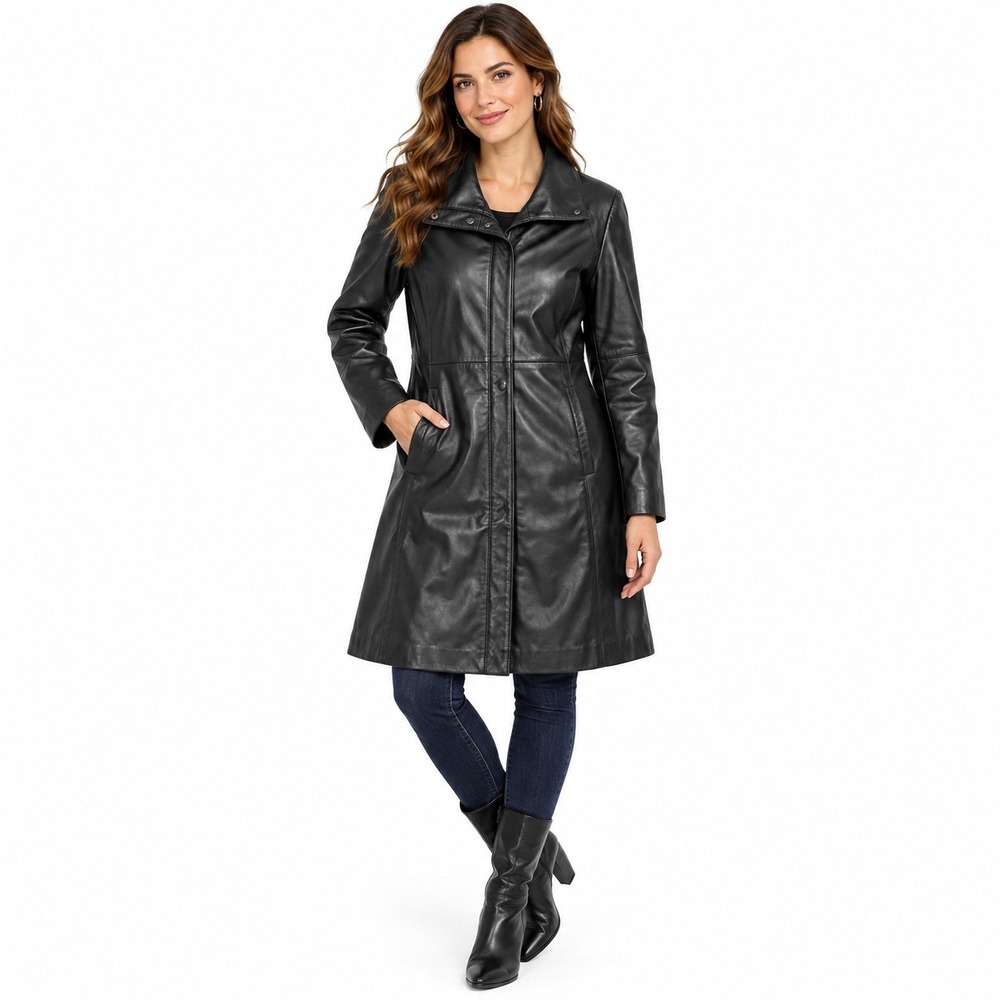 Excelled Collection Trench Coat Women XL Black Leather Classic Quilted Lining